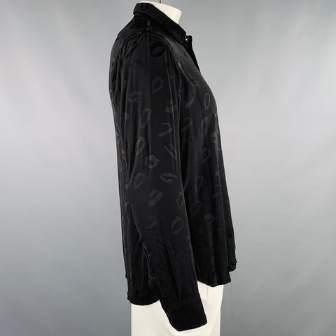 SAINT LAURENT Size XL Black Jacquard Viscose Silk Lips Long Sleeve Shirt