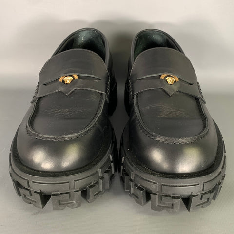 VERSACE Size 9 Black Gold Textured Leather Platform Loafers