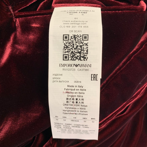 EMPORIO ARMANI Size 36 Burgundy Velvet Viscose Blend Zip Fly Dress Pants