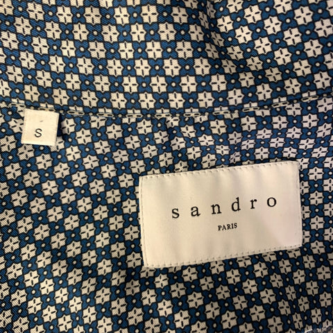 SANDRO Size S Blue White Geometric Silk Button Up Short Sleeve Shirt