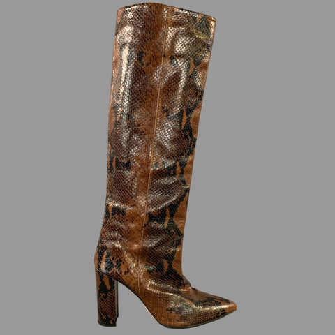 PARIS TEXAS Size 11 Brown Black Leather Snake Embossed Pointed Toe Boots