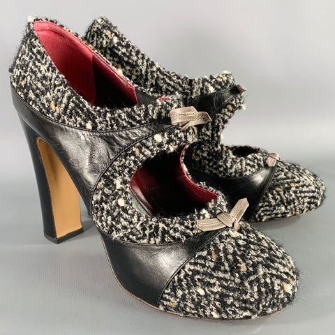 ANTONIO MARRAS Size 8 Black White Wool Tweed Leather Trim Stiletto Heels Pumps
