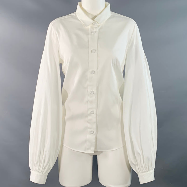 CHLOE Size 6 White Cotton Ribbed Long Sleeve Blouse