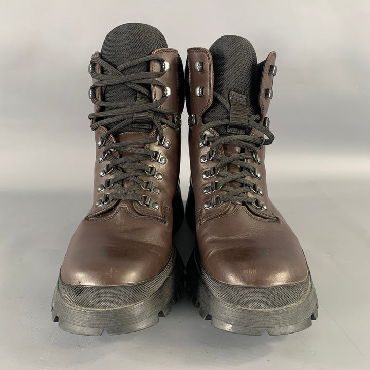 PRADA Size 10.5 Brown Black Leather Ankle Boots