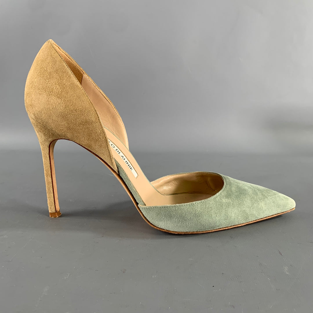 MANOLO BLAHNIK Size 9.5 Sage Tan Suede Two Tone Suede Pointed Toe Pumps