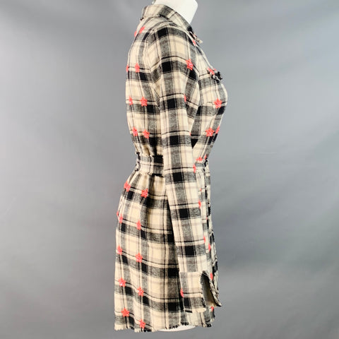 MANOUSH Robe chemise courte ceinturée à carreaux en coton beige et noir bords bruts taille S