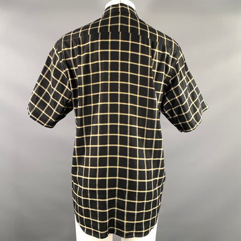 ERMENEGILDO ZEGNA Size M Black Yellow Cream Plaid Linen Rayon Short Sleeve Shirt