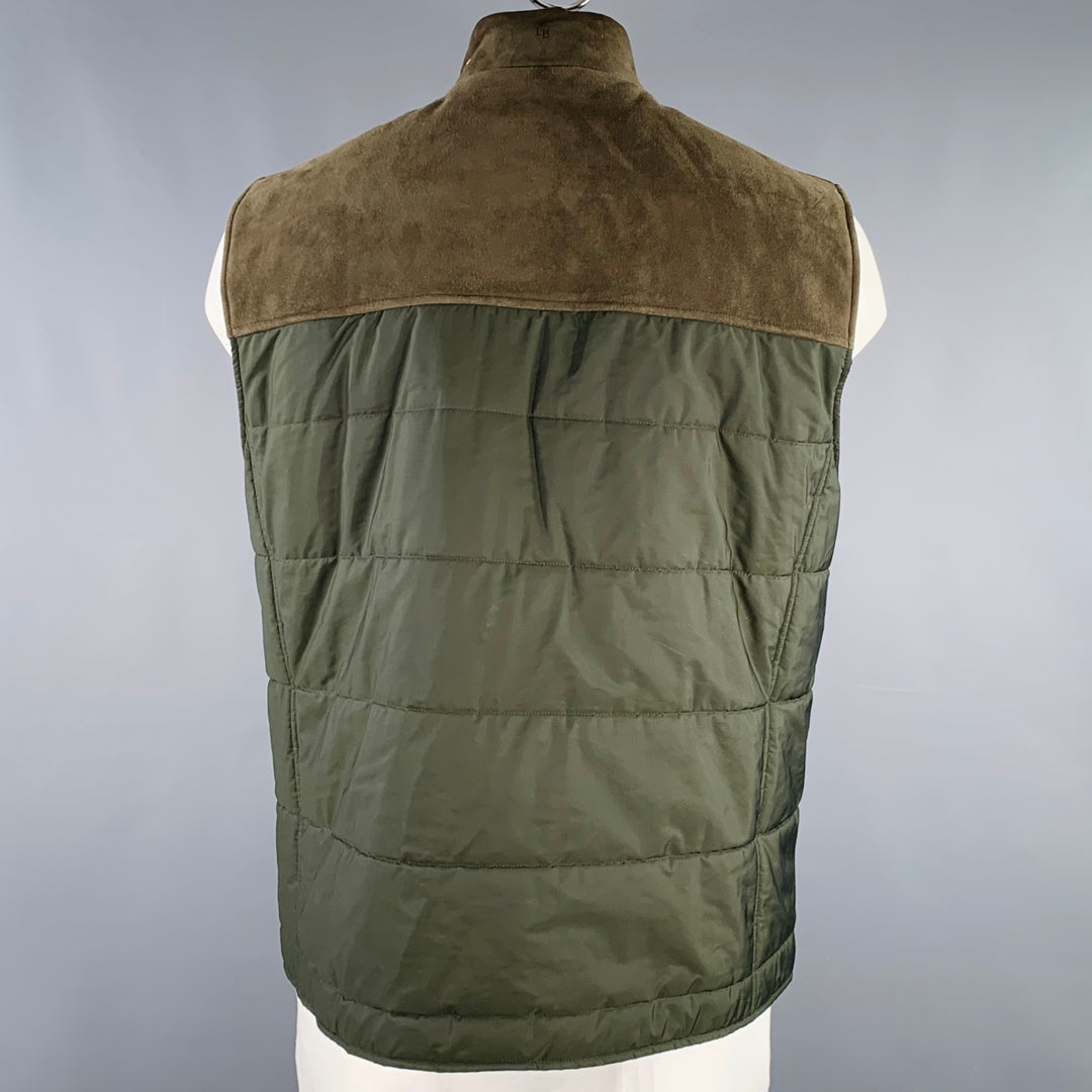 LUCIANO BARBERA Size 46 Green Olive Two Toned Polyester Suede Quilted Vest