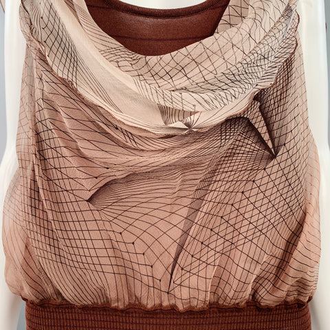 HERMES Size 6 Brown Orange Cotton Blend Mixed Fabrics Sleeveless Silk Scarf Dress Top