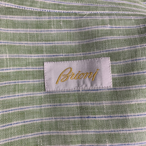 BRIONI Size L Green Stripe Linen Button Up Long Sleeve Shirt