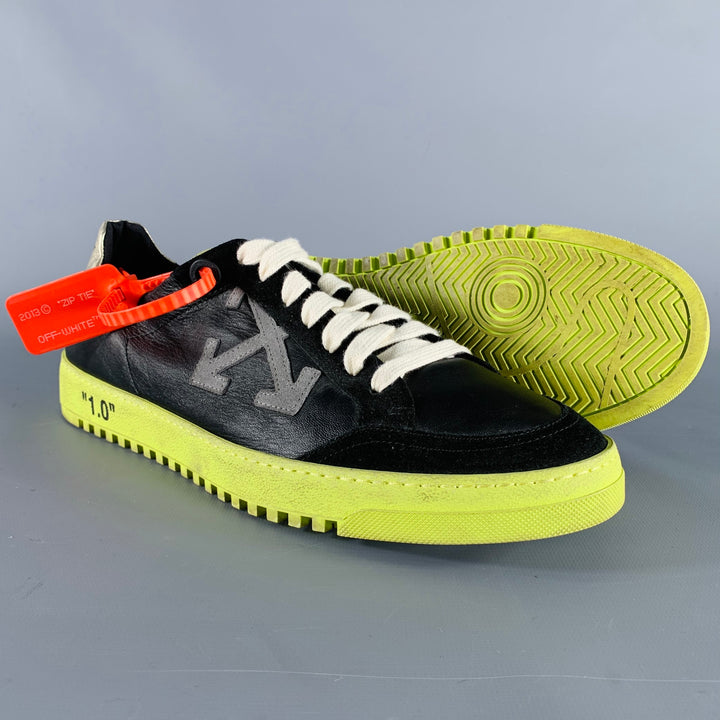 OFF-WHITE Size 10 Black Green Leather Zip Tie Lace-Up Sneakers