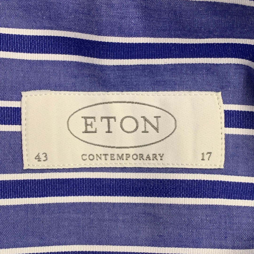 ETON Size L Blue White Stripe Cotton Curved Cutaway Long Sleeve Shirt