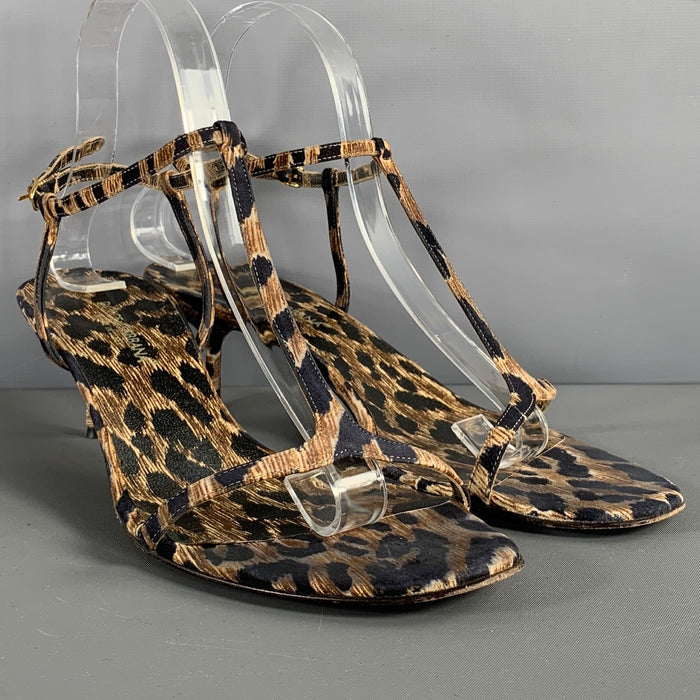 DOLCE & GABBANA Size 9 Brown Black Fabric Animal Print T- Strap Sandals