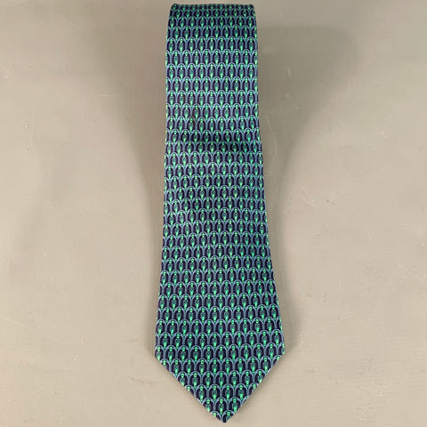 HERMES Navy Green Equestrian Silk Tie