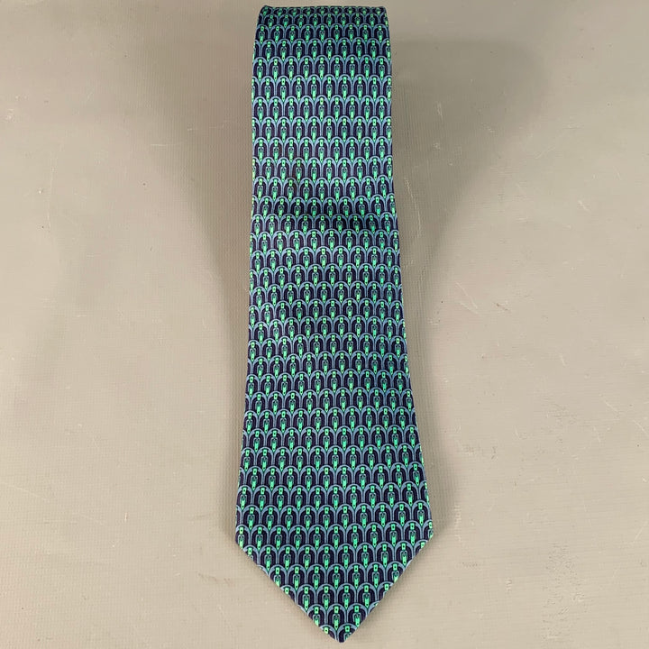 HERMES Navy Green Equestrian Silk Tie