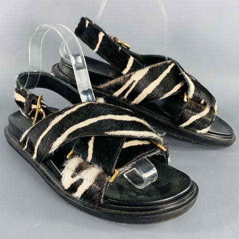 MARNI Size 8 Black White Calf Hair Zebra Sandals