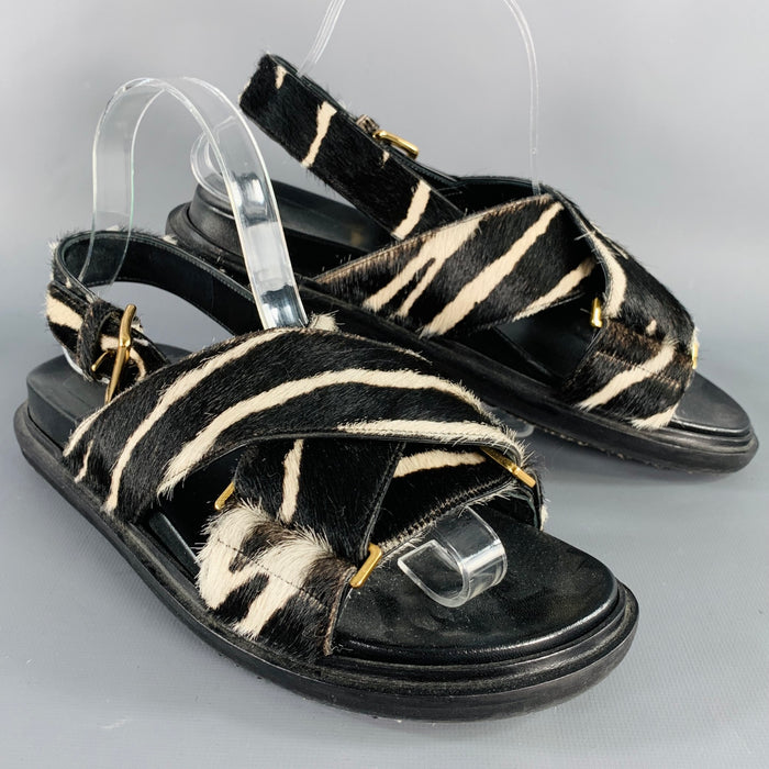MARNI Size 8 Black White Calf Hair Zebra Sandals