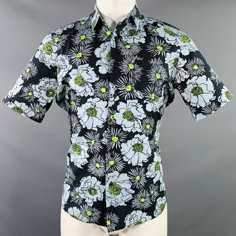 PRADA Size S Black Blue Green Floral Cotton Button Up One Pocket Short Sleeve Shirt