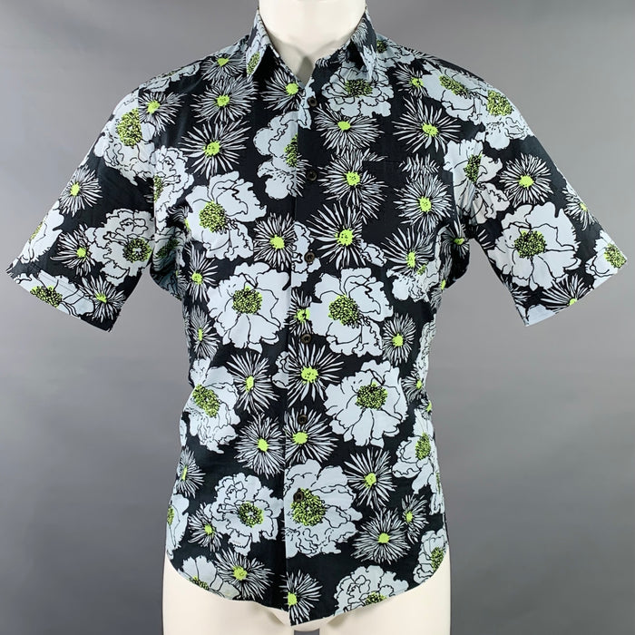 PRADA Size S Black Blue Green Floral Cotton Button Up One Pocket Short Sleeve Shirt