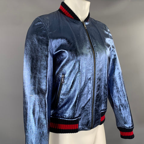 GUCCI Size 36 Blue Metallic Stripe Leather Bomber Jacket