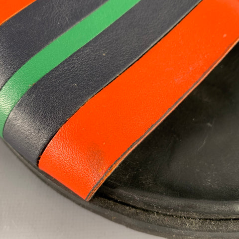 RALPH LAUREN Size 8 Black Orange Green Stripe Leather Slide Sandals