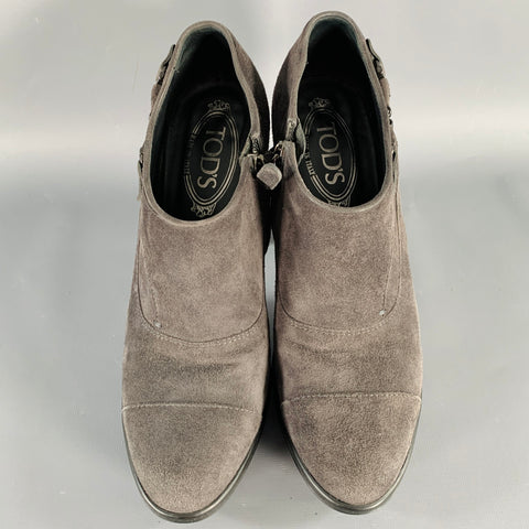 TOD'S Size 8.5 Grey Suede Platform Stacked Heel Ankle Boots