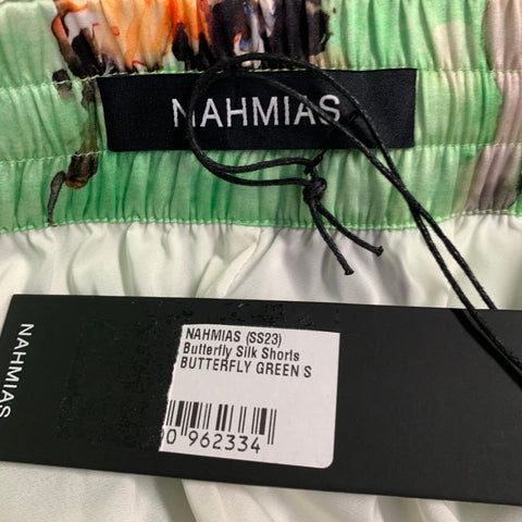 NAHMIAS SS23 Size S Butterflies Green Multi Color Print Silk Blend Drawstring Shorts
