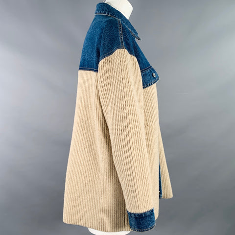 SANDRO Size M Beige Blue Mixed Fabrics Wool Blend Denim Jacket