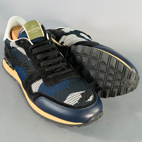 VALENTINO Size 11 Black Navy White Camo Nylon Lace-Up Sneakers