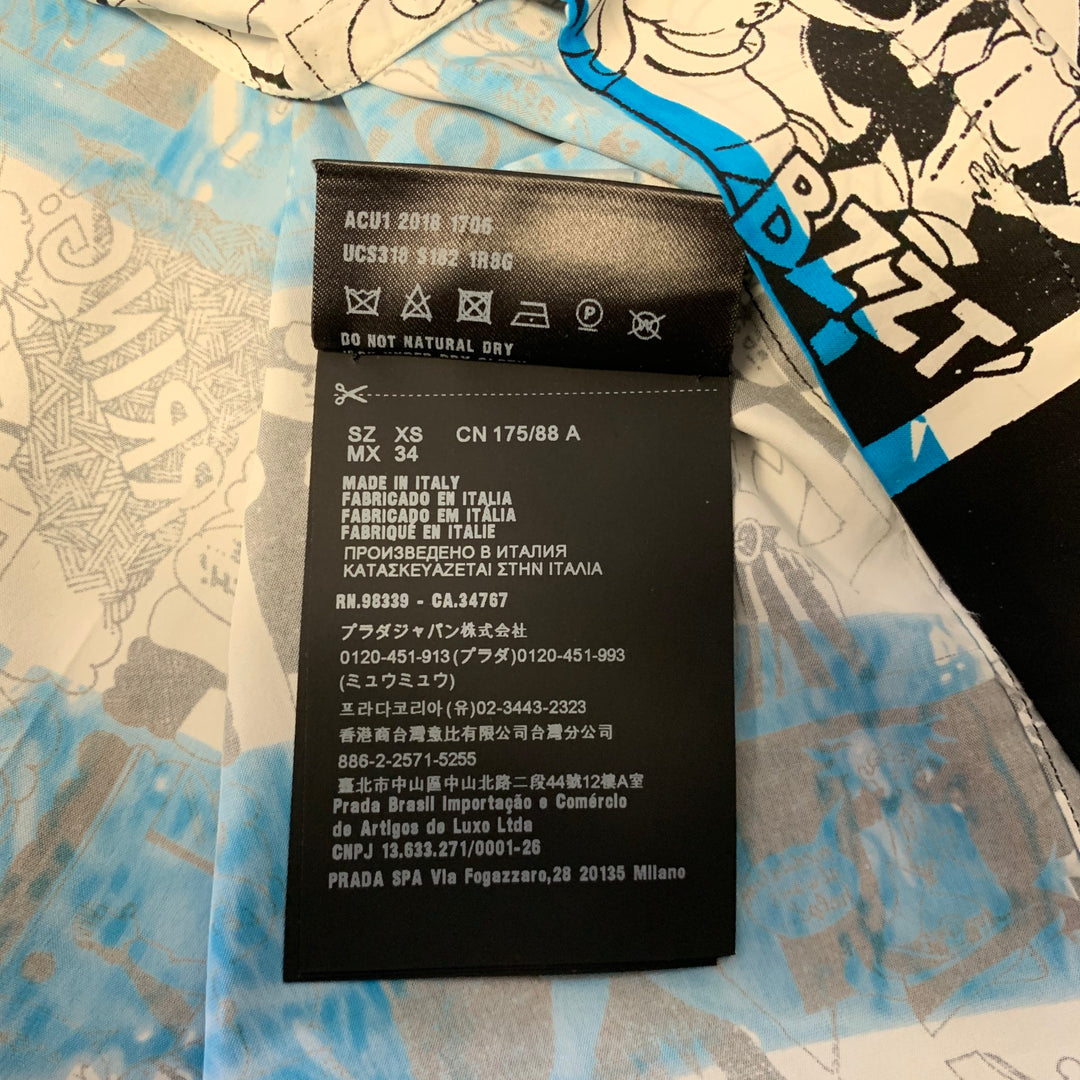 PRADA Size XS Blue Black & White Print Viscose Camp Short Sleeve Shirt