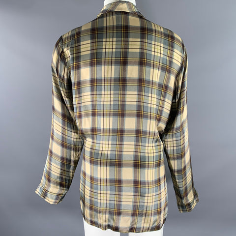 DRIES VAN NOTEN Size M Brown Blue Plaid Viscose Shawl Collar Robe