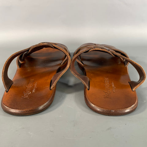 YVES SAINT LAURENT Size 11 Brown Woven Leather Flat Sandals