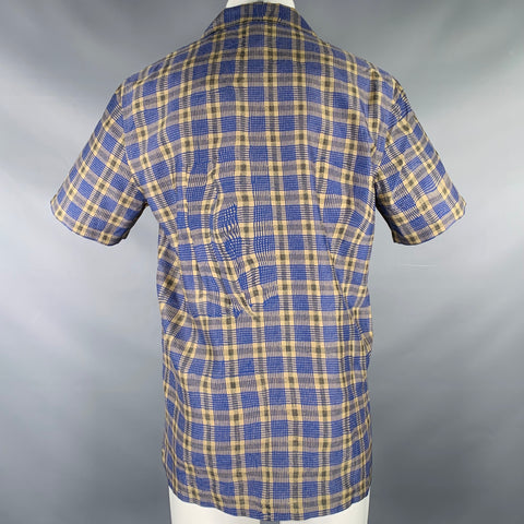 THEORY Size M Green Blue Checkered Silk Blend Short Sleeve Shirt