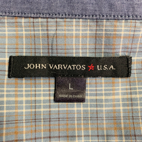 JOHN VARVATOS * U.S.A. Size L Blue Brown White Plaid Cotton Button Down Collar Roll Tab Long Sleeve Shirt