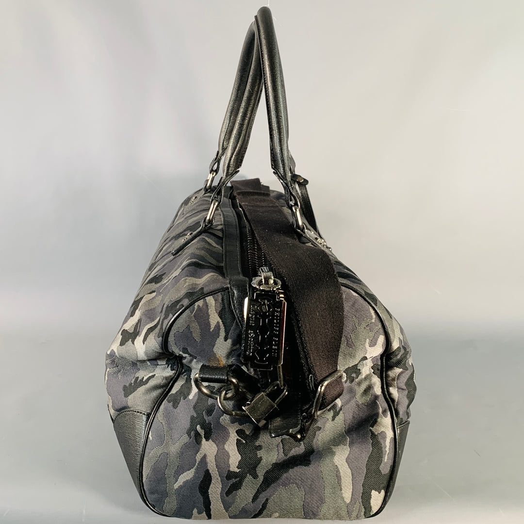 PHILIPP PLEIN Grey Black Camouflage Saffiano Leather Canvas Duffle Bag