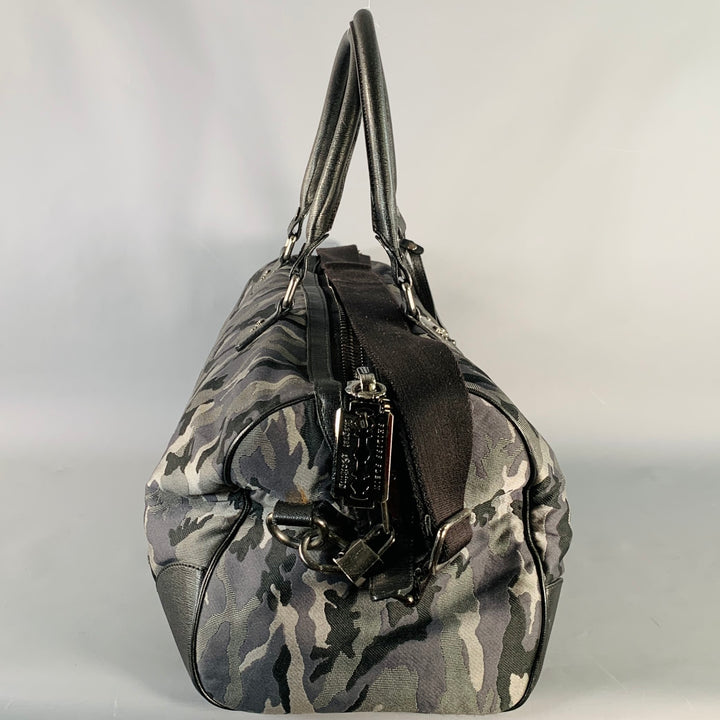 PHILIPP PLEIN Grey Black Camouflage Saffiano Leather Canvas Duffle Bag