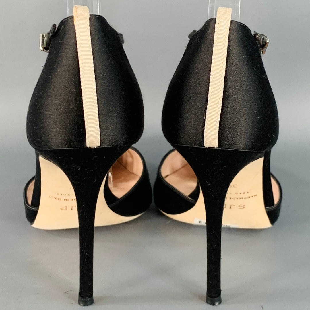 SJP Size 9 Black Silk Stiletto T-Strap Heels Sandals