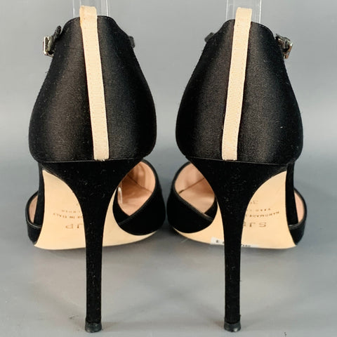 SJP Size 9 Black Silk Stiletto T-Strap Heels Sandals