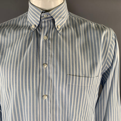LORO PIANA Size XL Blue White Stripe Cotton Button Down Long Sleeve Shirt