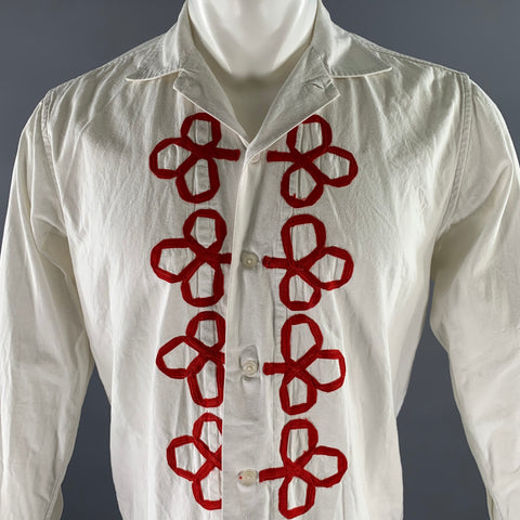 BODE Size S White Red Embroidery Cotton Camp Collar Long Sleeve Shirt