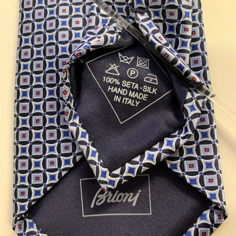 BRIONI Navy White Geometric Silk Tie Clip