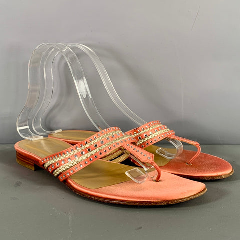 VALENTINO Size 8 Pink Silver Silk Rhinestones Thong Flats