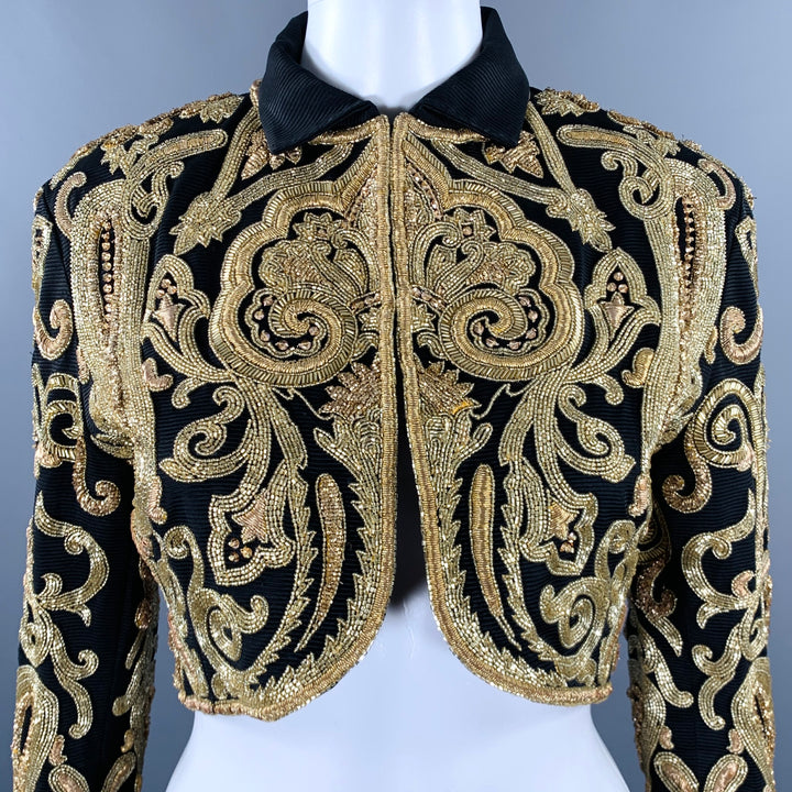 GENNY Size 8 Black Gold Taffeta Embroidered Bolero Jacket