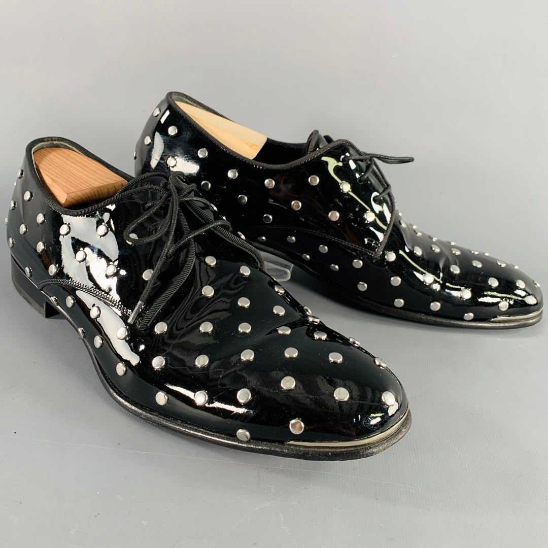 ALEXANDER MCQUEEN Size 10 Black Patent Leather Silver Studded Lace-Up Shoes ALEXANDER MCQUEEN Size 10 Black Patent Leather Silver Studded Lace-Up Shoes