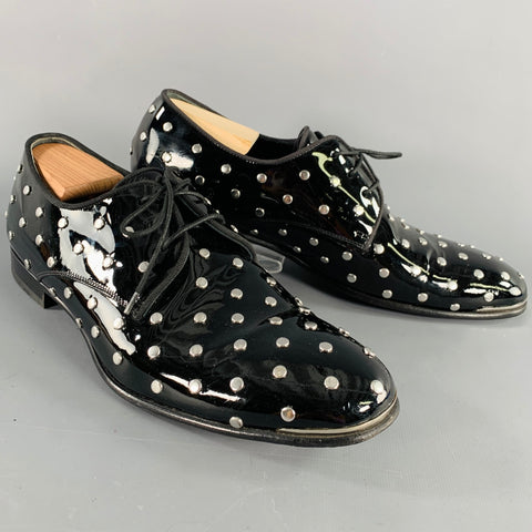 ALEXANDER MCQUEEN Size 10 Black Patent Leather Silver Studded Lace-Up Shoes
