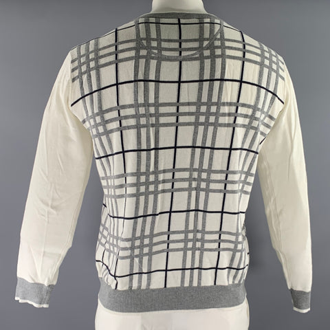 PRIVATE STOCK Size L White Grey & Black Plaid Cotton V-Neck Pullover