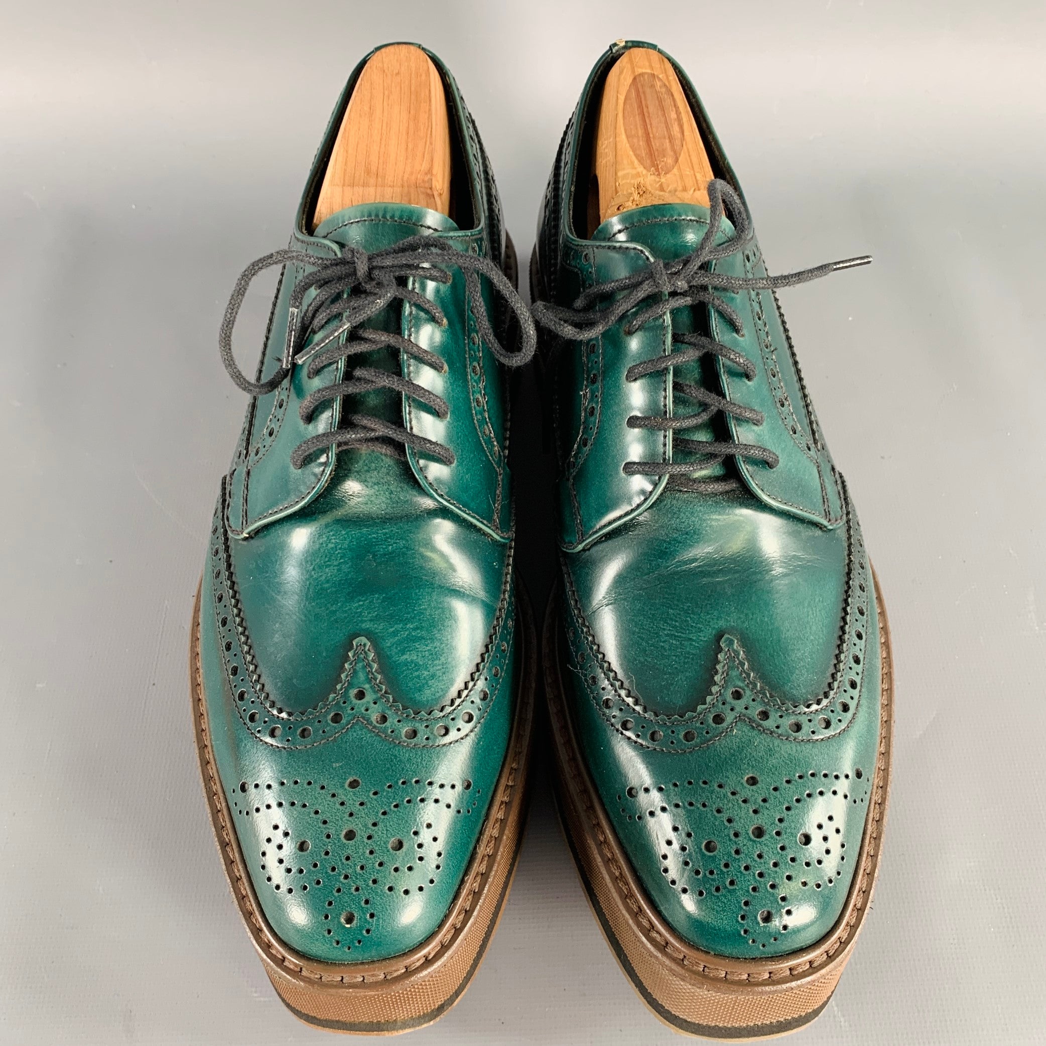 PRADA Size 6.5 Green Brown Wingtip Leather Platform Lace-Up Shoes