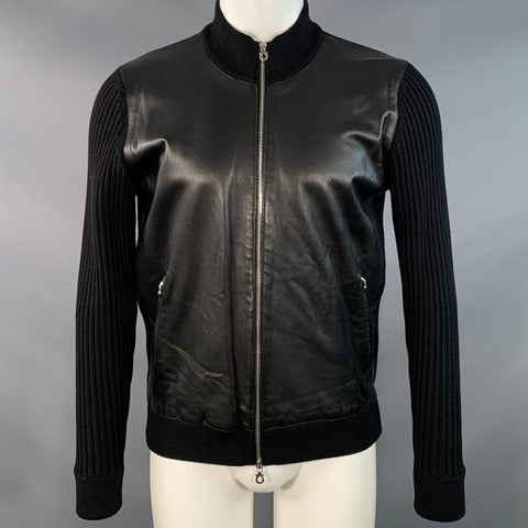SALVATORE FERRAGAMO Size M Black Leather Virgin Wool Ribbed Zip Up Jacket