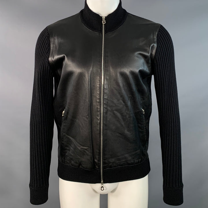 SALVATORE FERRAGAMO Size M Black Leather Virgin Wool Ribbed Zip Up Jacket