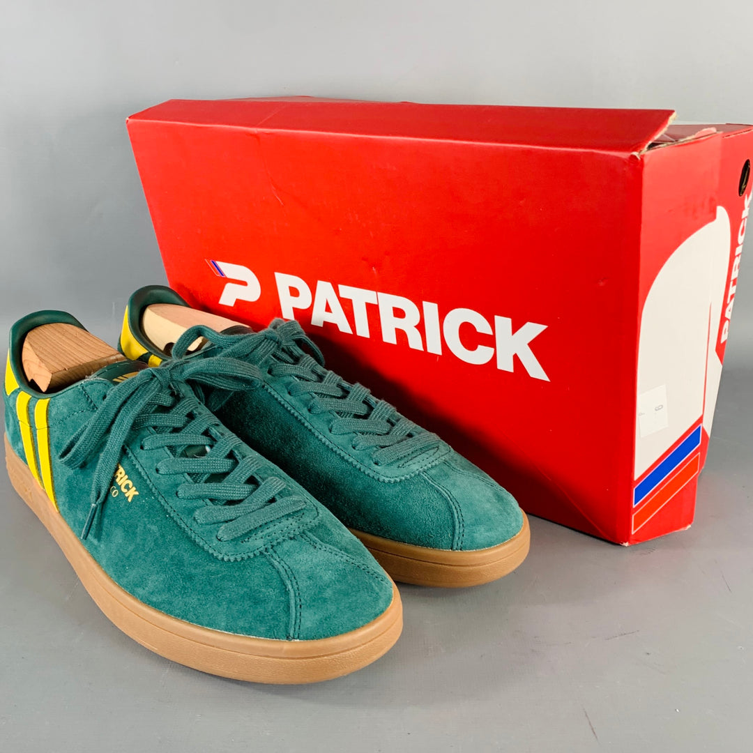 PATRICK MONACO Size 12 Cupsole Green Yellow Stripe Suede Low Top Sneakers